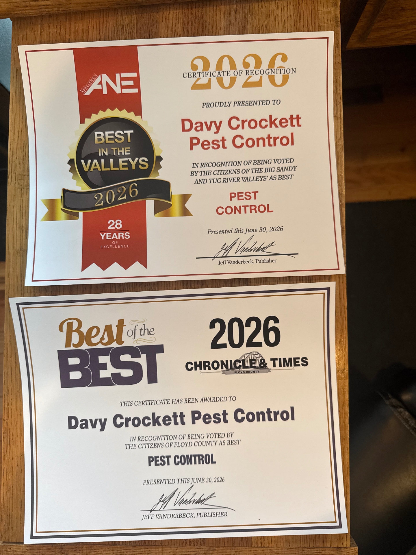 Davy Crockett Pest Control 2026 awards: Best of the Best by Chronicle & Times and Best in the Valley by ANE